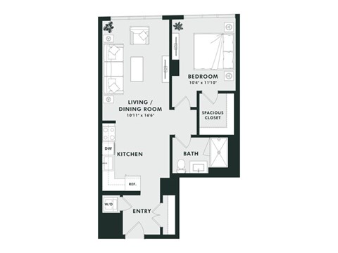 Floor plan for 1 bed, 1 bath, 694 sqft
